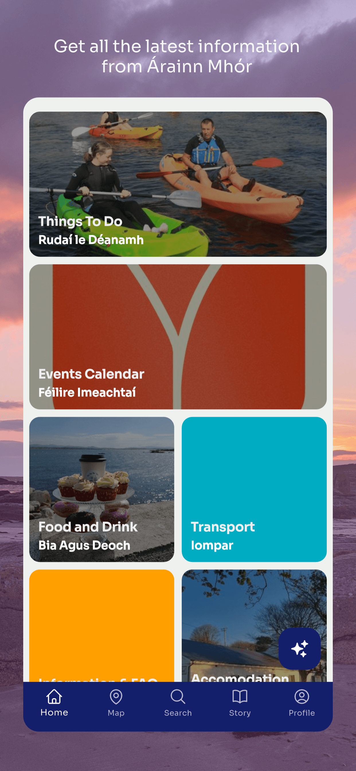 Blueway Arranmore home screen with bilingual category tiles