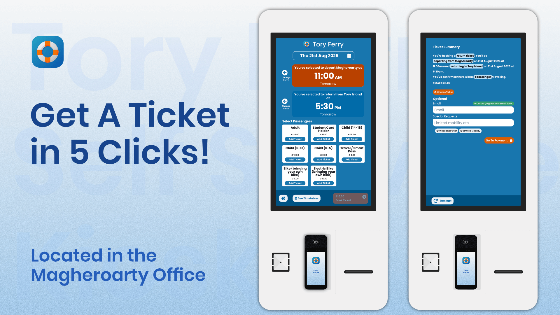 The Tory Ferry Kiosk takes 5 clicks to book